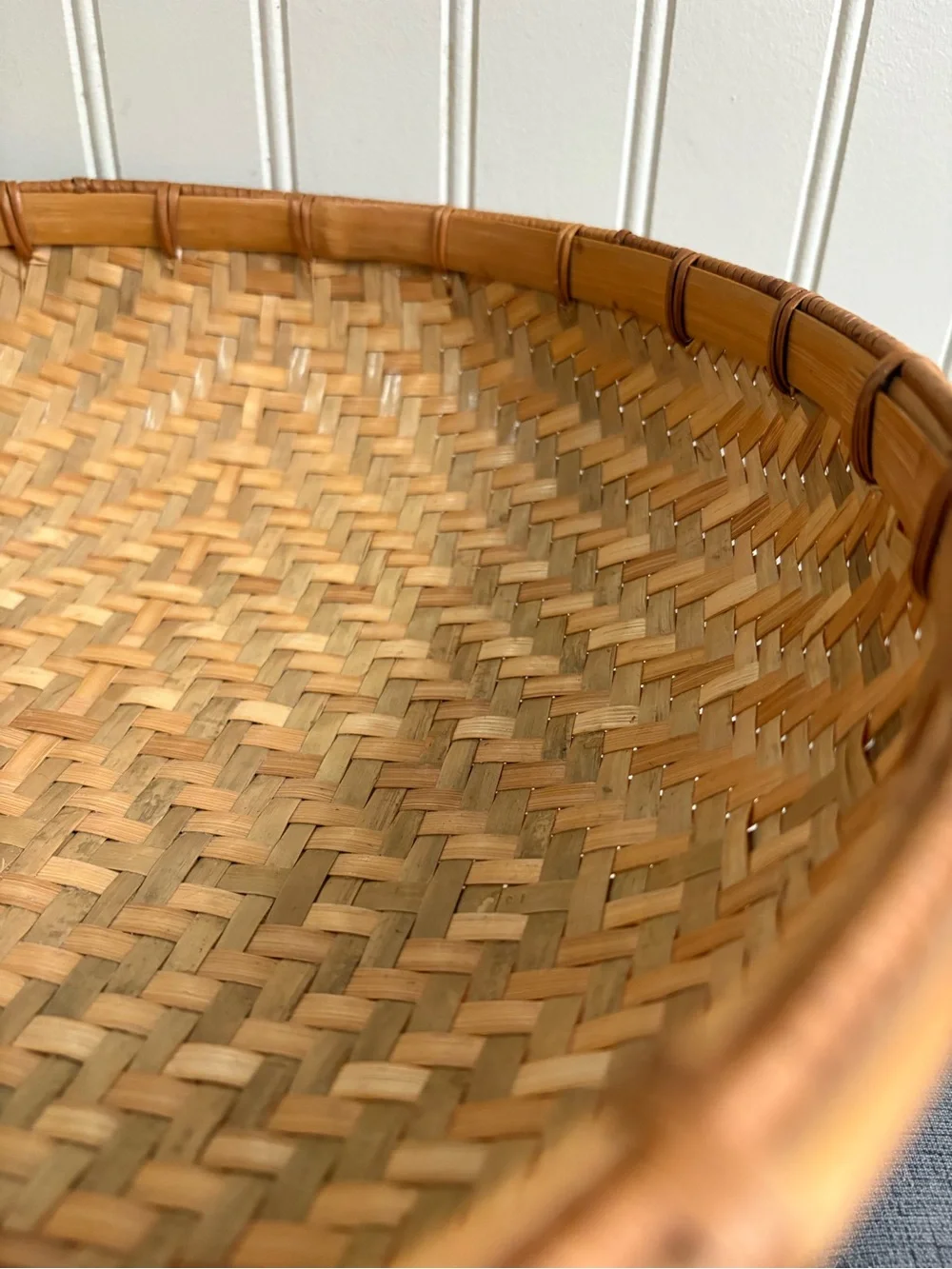 Vintage Handwoven Bamboo 13” Winnowing Basket Brown/Tan VTG Boho Bohemian Rustic